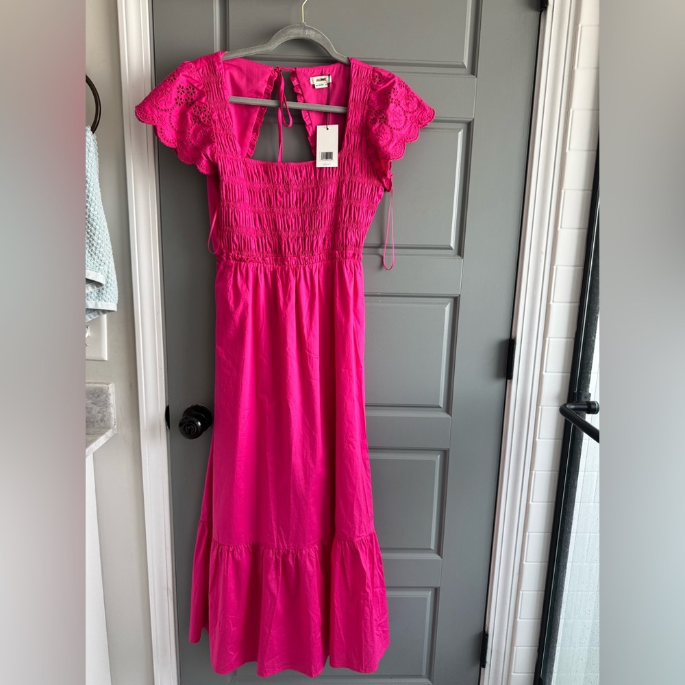 Vibrant Pink Maxi Dress with Lace Sleeves